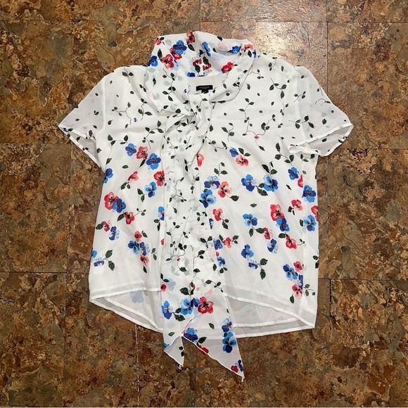 Ann Taylor White Spring Floral Chiffon Lined Short Sleeve Blouse V-neck w Scarf - Picture 2 of 9